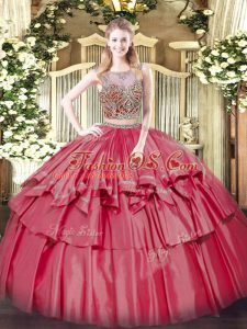 Fantastic Scoop Sleeveless Quinceanera Dresses Floor Length Beading and Ruffled Layers Coral Red Organza and Taffeta
