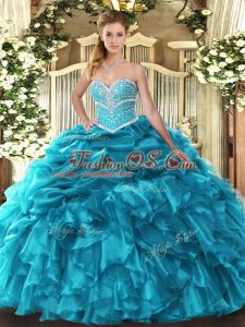 Wonderful Organza Sweetheart Sleeveless Lace Up Beading and Ruffles and Pick Ups Sweet 16 Dress in Teal