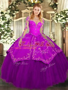 Sumptuous Scoop Long Sleeves Lace Up Sweet 16 Quinceanera Dress Purple Organza and Taffeta