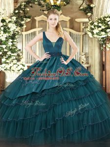 Custom Made Teal Straps Neckline Beading and Embroidery and Ruffled Layers Quinceanera Gowns Sleeveless Zipper