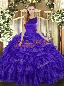 Affordable Purple Organza Lace Up Sweet 16 Dresses Sleeveless Floor Length Ruffles