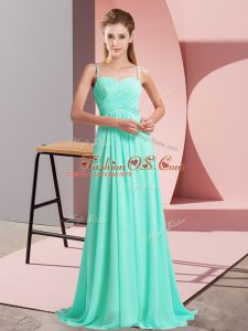 Pretty Sweep Train Empire Juniors Party Dress Turquoise Spaghetti Straps Chiffon Sleeveless Backless
