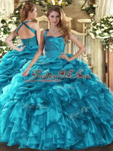Romantic Floor Length Teal 15 Quinceanera Dress Halter Top Sleeveless Lace Up