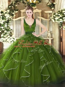 Beading and Ruffles Vestidos de Quinceanera Olive Green Lace Up Sleeveless Floor Length