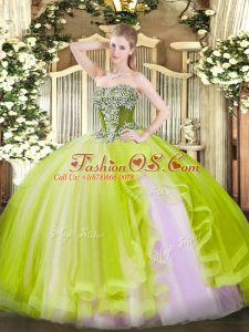 Artistic Sleeveless Tulle Floor Length Lace Up Quinceanera Dresses in Yellow Green with Beading and Ruffles