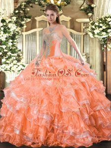 Top Selling Orange Red Ball Gowns Sweetheart Sleeveless Organza Floor Length Lace Up Beading and Ruffled Layers Quinceanera Gowns