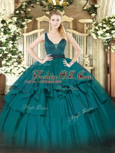 Discount Floor Length Zipper Vestidos de Quinceanera Teal for Military Ball and Sweet 16 and Quinceanera with Beading and Ruffled Layers