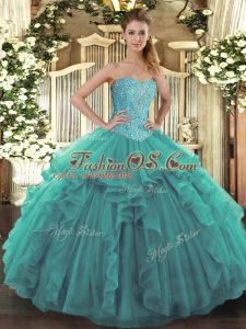 Noble Tulle Sweetheart Sleeveless Lace Up Beading and Ruffles Quince Ball Gowns in Turquoise