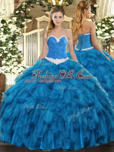 Enchanting Blue Lace Up Sweet 16 Quinceanera Dress Appliques and Ruffles Sleeveless Floor Length
