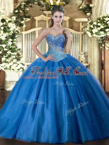 Deluxe Blue Lace Up Sweetheart Beading Sweet 16 Quinceanera Dress Tulle Sleeveless