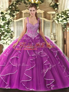 Romantic Fuchsia Lace Up Straps Beading Sweet 16 Dress Tulle Sleeveless