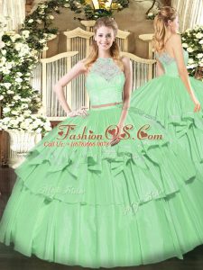 Apple Green Scoop Zipper Lace and Ruffled Layers Quinceanera Gown Sleeveless