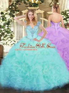Hot Sale Aqua Blue Sleeveless Organza Lace Up Vestidos de Quinceanera for Military Ball and Sweet 16 and Quinceanera