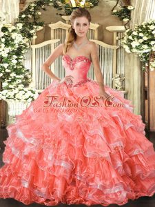 Watermelon Red Ball Gowns Beading and Ruffled Layers Sweet 16 Dress Lace Up Organza Sleeveless Floor Length