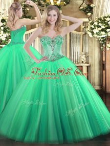 Sleeveless Tulle Floor Length Lace Up Quinceanera Dress in Turquoise with Beading