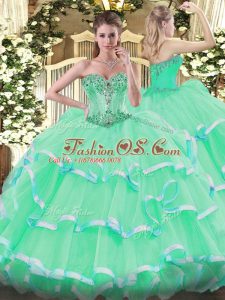 Apple Green Ball Gowns Beading and Ruffles Quinceanera Gowns Lace Up Organza Sleeveless Floor Length