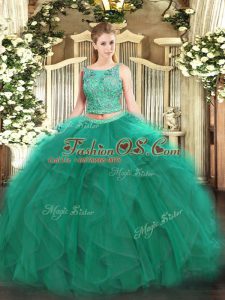 Lovely Turquoise Two Pieces Scoop Sleeveless Tulle Floor Length Lace Up Beading and Ruffles Sweet 16 Dresses