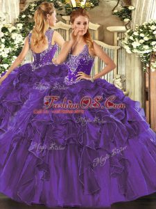 Sweet Purple Ball Gowns Beading and Ruffles Sweet 16 Dress Lace Up Organza Sleeveless Floor Length