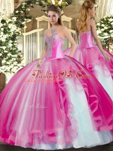 Glittering Floor Length Fuchsia Quinceanera Dress Sweetheart Sleeveless Lace Up
