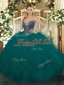 Floor Length Lace Up Sweet 16 Dresses Teal for Military Ball and Sweet 16 and Quinceanera with Beading and Ruffles