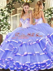 Glorious Lavender Lace Up Sweetheart Beading and Ruffled Layers Quince Ball Gowns Organza Sleeveless