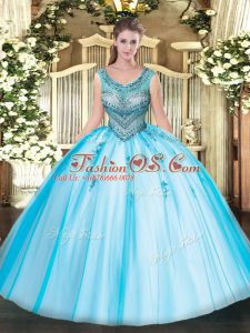 Flirting Scoop Sleeveless Tulle Quinceanera Gowns Beading and Appliques Lace Up