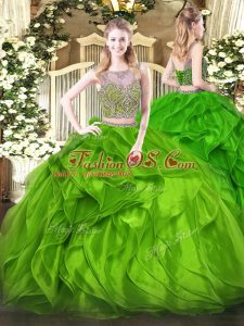 Most Popular Green Lace Up Scoop Beading and Ruffles Vestidos de Quinceanera Organza Sleeveless