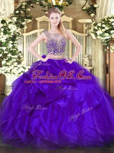 Super Purple Lace Up Quinceanera Gown Beading and Ruffles Sleeveless Floor Length