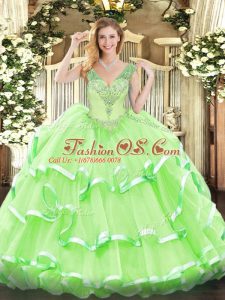 Sleeveless Floor Length Beading and Ruffled Layers Lace Up Sweet 16 Dresses with
