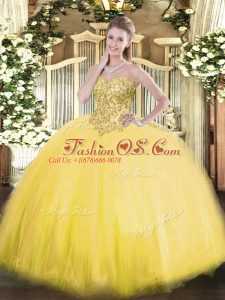 Appliques Vestidos de Quinceanera Gold Lace Up Sleeveless Floor Length