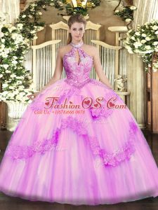 Sleeveless Organza Floor Length Lace Up Sweet 16 Dress in Lilac with Appliques and Sequins