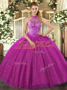 Most Popular Fuchsia Sleeveless Beading and Embroidery Floor Length 15th Birthday Dress