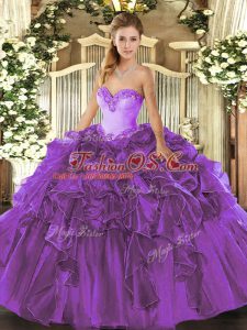 Purple Ball Gowns Organza Sweetheart Sleeveless Beading and Ruffles Floor Length Lace Up Quinceanera Gown