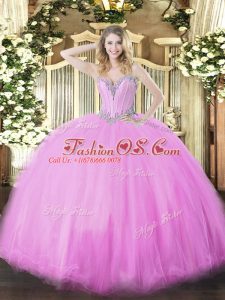 Flare Lilac Ball Gowns Sweetheart Sleeveless Tulle Floor Length Lace Up Beading Vestidos de Quinceanera