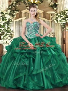 Affordable Beading and Ruffles Sweet 16 Quinceanera Dress Dark Green Lace Up Sleeveless Floor Length