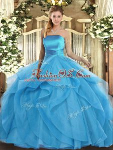 Amazing Baby Blue Strapless Neckline Ruffles Ball Gown Prom Dress Sleeveless Lace Up