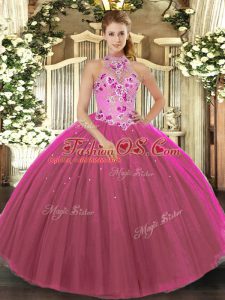 Discount Sleeveless Tulle Floor Length Lace Up Quinceanera Dresses in Fuchsia with Embroidery