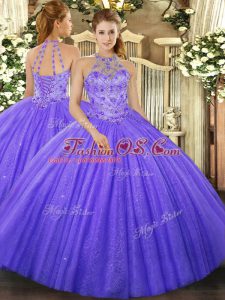 Custom Designed Lavender Ball Gowns Halter Top Sleeveless Tulle Floor Length Lace Up Beading and Embroidery Sweet 16 Dress