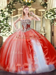 New Style Floor Length Coral Red Vestidos de Quinceanera Tulle Sleeveless Beading and Ruffles