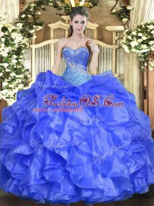 Wonderful Sweetheart Sleeveless Quinceanera Dress Floor Length Beading and Ruffles Blue Organza