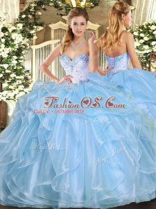 Lovely Aqua Blue Organza Lace Up Sweetheart Sleeveless Floor Length Sweet 16 Quinceanera Dress Beading and Ruffles