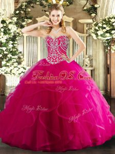 Top Selling Hot Pink Sleeveless Beading and Ruffles Floor Length Quinceanera Dresses
