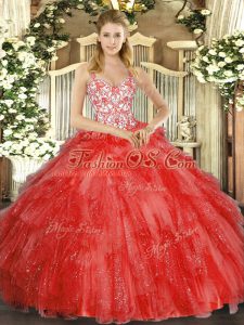 Flare Coral Red Ball Gowns Straps Sleeveless Organza Floor Length Lace Up Beading and Ruffles 15th Birthday Dress