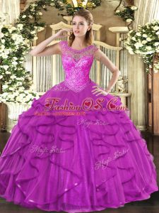 Graceful Fuchsia Sleeveless Beading and Ruffles Floor Length Sweet 16 Dresses