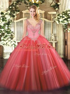 Luxury Sleeveless Floor Length Beading Lace Up Vestidos de Quinceanera with Coral Red