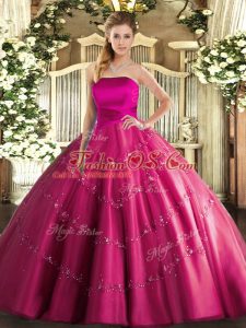 Artistic Hot Pink Sleeveless Appliques Floor Length Sweet 16 Dresses