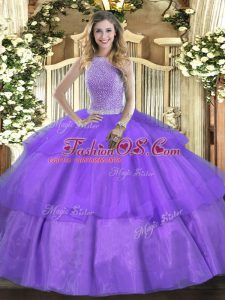 Glittering Lavender Sleeveless Floor Length Beading and Ruffled Layers Lace Up Quinceanera Gown