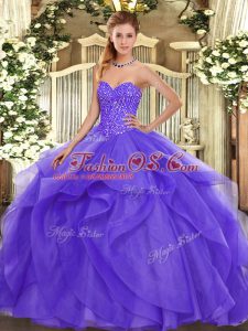 Lavender Ball Gowns Sweetheart Sleeveless Tulle Floor Length Lace Up Beading and Ruffles Quinceanera Dresses