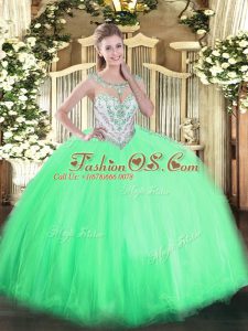 Super Sleeveless Floor Length Beading Zipper Sweet 16 Quinceanera Dress with Apple Green
