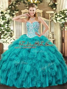 Affordable Tulle Sweetheart Sleeveless Lace Up Beading and Ruffles Quinceanera Dress in Teal